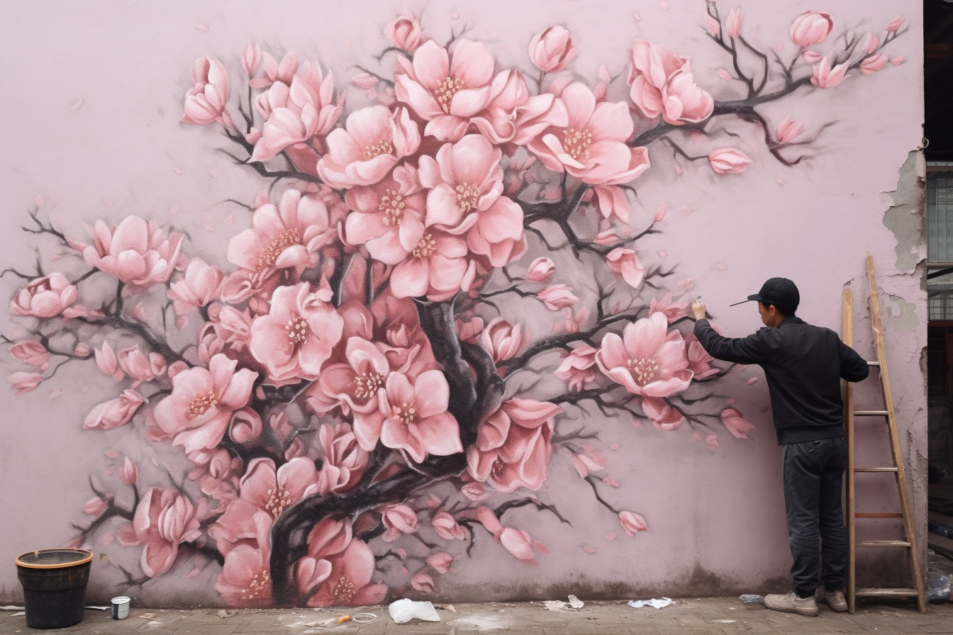 An_Asian_man_is_painting_a_mural_with_flowers_32k_f555aefa-44d6-4055-a4fb-ac13416c9eeb